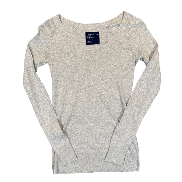American Eagle Outfitters Sweaters - American Eagle V-Neck Sweater Womens XS Gray Knit Vintage Y2K Slim Fit Preppy
